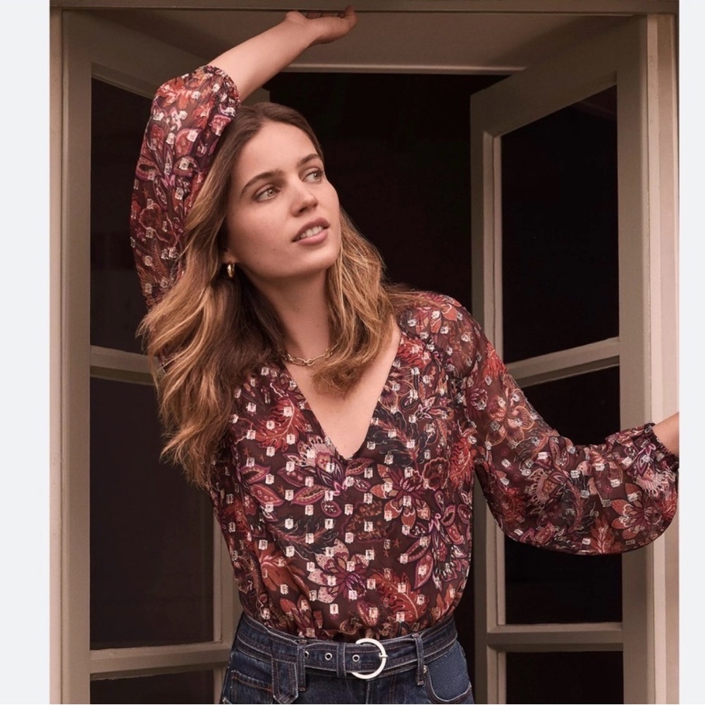NWT LOFT Floral Shimmer Metallic Boho Peasant Blouse XXSP